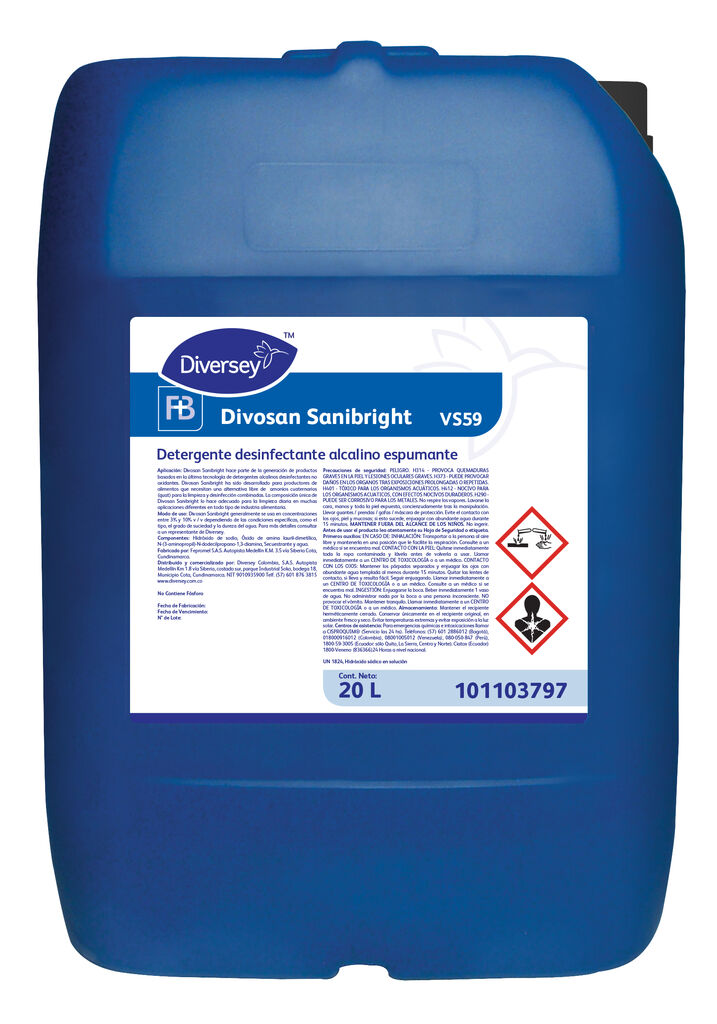 DIVOSAN SANIBRIGHT 20L - Detergente desinfectante alcalino espumante, no oxidante libre de amonios cuaternarios (quat)